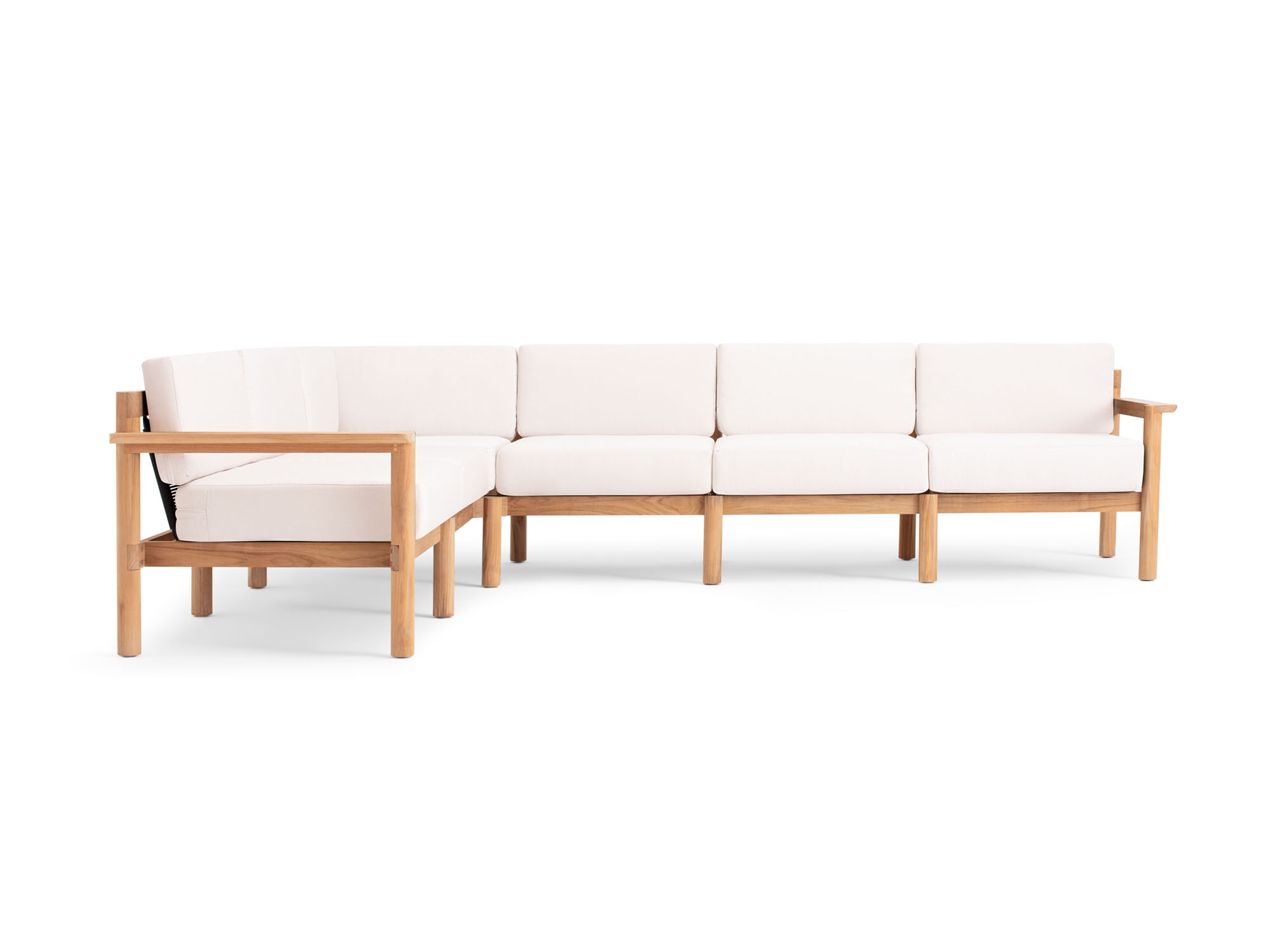 Front view of 6-piece outdoor sectional with white cushions